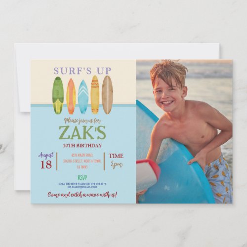 Surfs Up Catch a wave Surf Blue Beach Photo Invitation