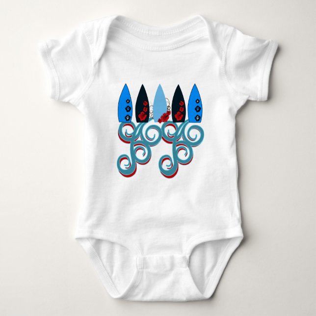 Surfs Up Cool Red Blue Surf Boarding Surfing Beach Baby Bodysuit (Front)
