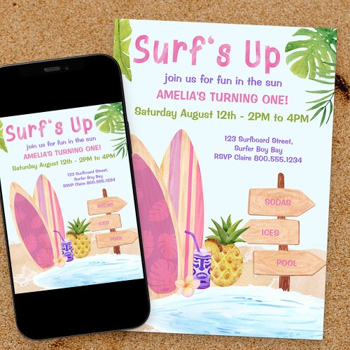 Surfs Up First Birthday Party Girls Invitation