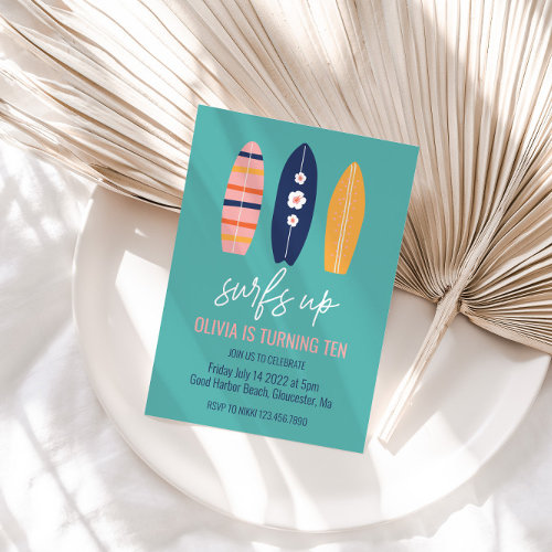 Surfs Up Girl Surfboard beach Birthday Party Invit