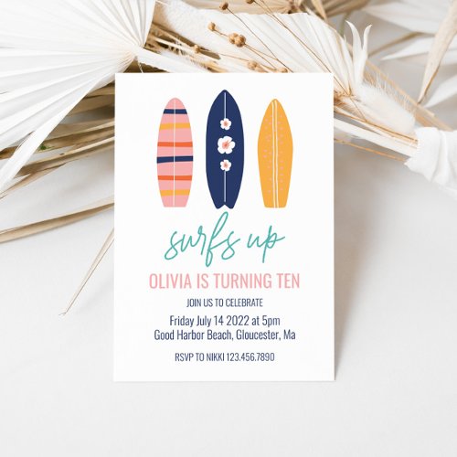 Surfs Up Girl Surfboard beach Birthday Party Invitation