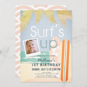 Surf's Up Girl Surfboards Beach Photo1st Birthday Invitation