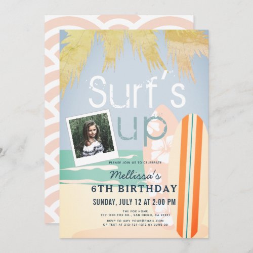 Surfs Up Girl Surfboards Beach Photo Birthday Invitation