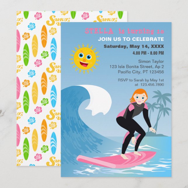 Surf's up Girly Birthday Party Invitation (Front/Back)