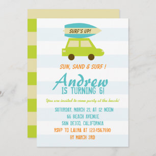 Surf's Up/Green and Blue Stripes/Birthday Party Invitation