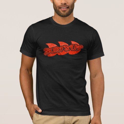 Surfs Up mens red tones logo on black t_shirt