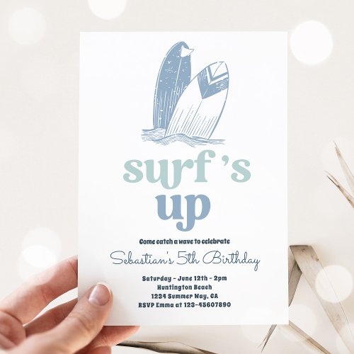 Surfs Up Modern Surfboard Beach Birthday Party Invitation