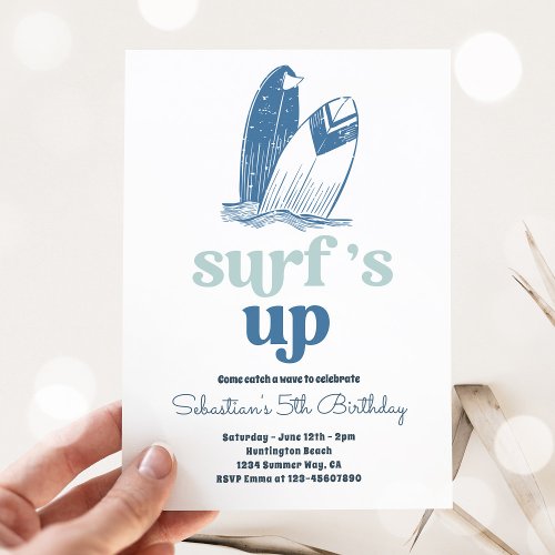 Surfs Up Modern Surfboard Beach Birthday Party Invitation