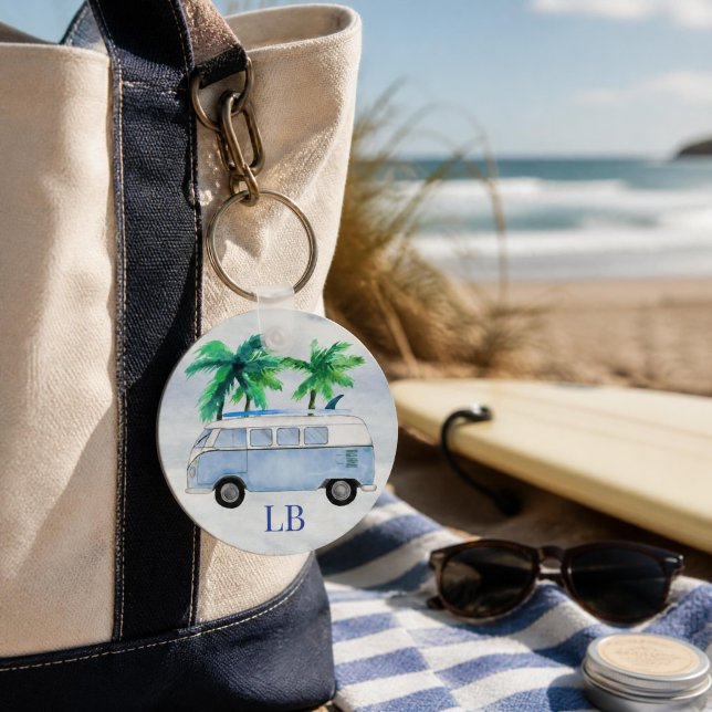 Surfs Up Monogrammed Keychain (Surfing Van keychain)