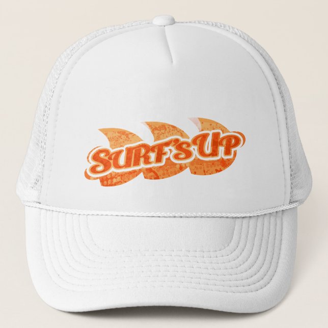 "Surf's Up" orange wave on white hat (Front)