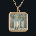 Surf's Up, Pastel Style Personalized Gold Plated Necklace<br><div class="desc">A tranquil beach scene invites you to unwind. Pastel-colored surfboards, like giant candy bars, lean against the trunks of swaying palm trees. The ocean whispers promises of adventure and sun-kissed skin. It's hard to imagine, but early Hawaiian surfboards, called "alaia, " were made from a single, heavy piece of wood...</div>