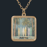 Surf's Up, Pastel Style Personalized Gold Plated Necklace<br><div class="desc">A tranquil beach scene invites you to unwind. Pastel-colored surfboards, like giant candy bars, lean against the trunks of swaying palm trees. The ocean whispers promises of adventure and sun-kissed skin. It's hard to imagine, but early Hawaiian surfboards, called "alaia, " were made from a single, heavy piece of wood...</div>