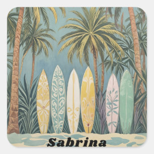 Surf's Up, Pastel Style Personalized Square Sticker