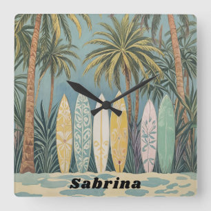 Surf's Up, Pastel Style Personalized Square Wall Clock