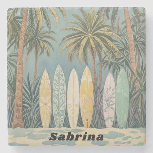 Surfs Up Pastel Style Personalized Stone Coaster