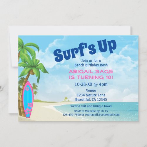 Surfs Up Pink and Blue Surfboard Beach Birthday Invitation