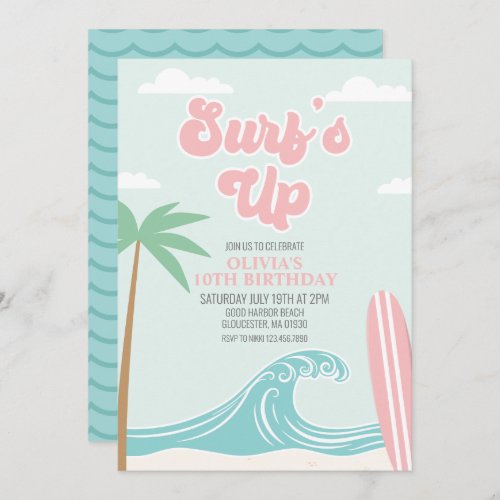 Surfs Up Pink Beach Birthday Invitation