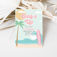 Surfs Up Pink Beach Birthday Invitation