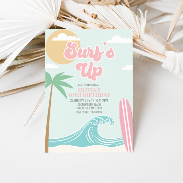 Surfs Up Pink Beach Birthday Invitation (Creator Uploaded)