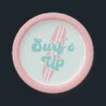Surfs Up Pink Beach Birthday Paper Plates<br><div class="desc">Surf's Up! Surfing Beach Birthday party plates with turquoise and pink surf board.</div>