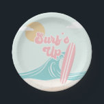 Surfs Up Pink Beach Birthday Paper Plates<br><div class="desc">Surfs Up! Surfing Beach 1st Birthday party plates with turquoise waves and pink surf board.</div>