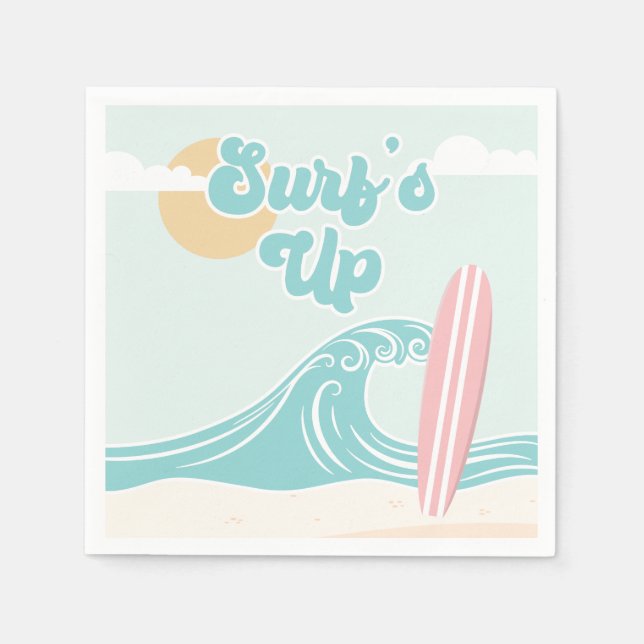 Surfs Up Pink Beach Birthday Paper Plates Napkins (Front)
