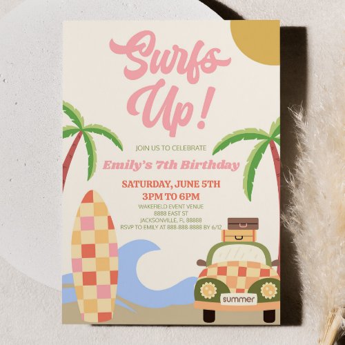 Surfs Up Pink Beach Surf Modern Birthday Party Invitation