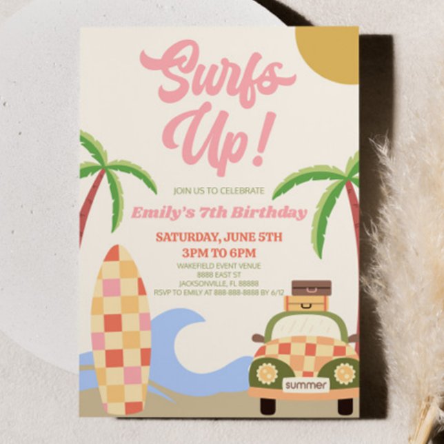 Surfs Up! Pink Beach Surf Modern Birthday Party Invitation (Creator Uploaded)