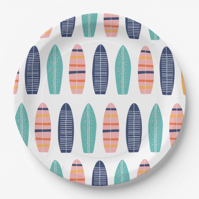 Surfs UP Pink retro beach van surfboards Paper Pla Plates (Front)
