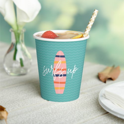 Surfs Up Pink surfboard and waves Birthday Party Paper Cups