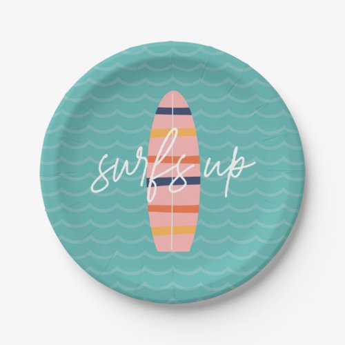 Surfs Up Pink surfboard and waves Birthday Party Paper Plates
