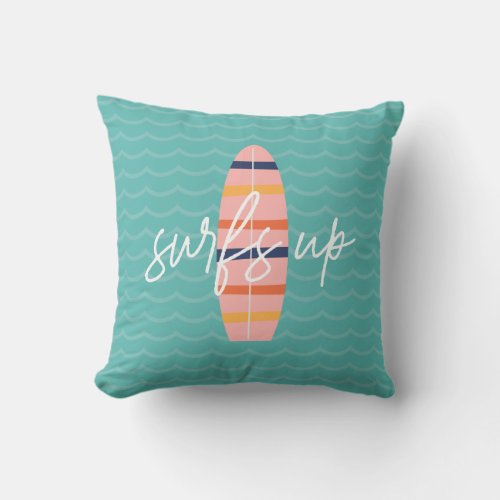 Surfs Up Pink surfboard and waves Throw Pillow