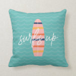 Surfs Up Pink surfboard and waves Throw Pillow<br><div class="desc">surfs up pink surfboard and waves pillow</div>