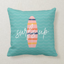 Surfs Up Pink surfboard and waves Throw Pillow