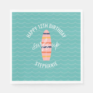 Surfs Up Pink surfboard Birthday Party Napkins