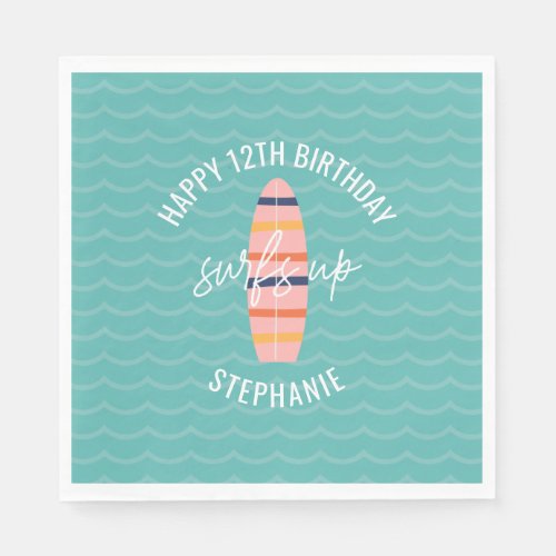 Surfs Up Pink surfboard Birthday Party Napkins