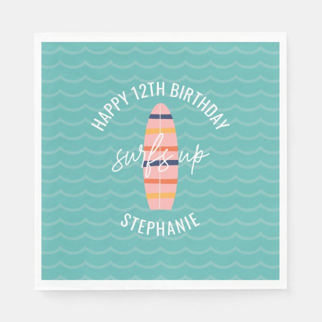 Surfs Up Pink surfboard Birthday Party Napkins (Front)