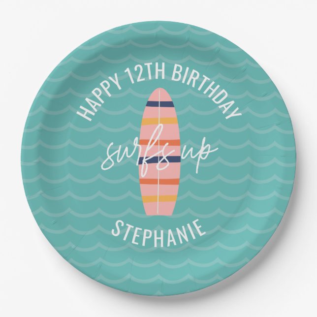 Surfs Up Pink surfboard Birthday Party Paper Plates (Front)