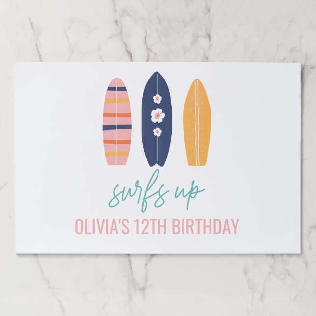 Surfs Up Pink Surfboard birthday party placemats (Front)