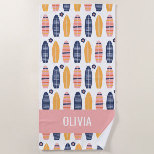Surfs Up Pink Surfboards and flowers Beach Towel