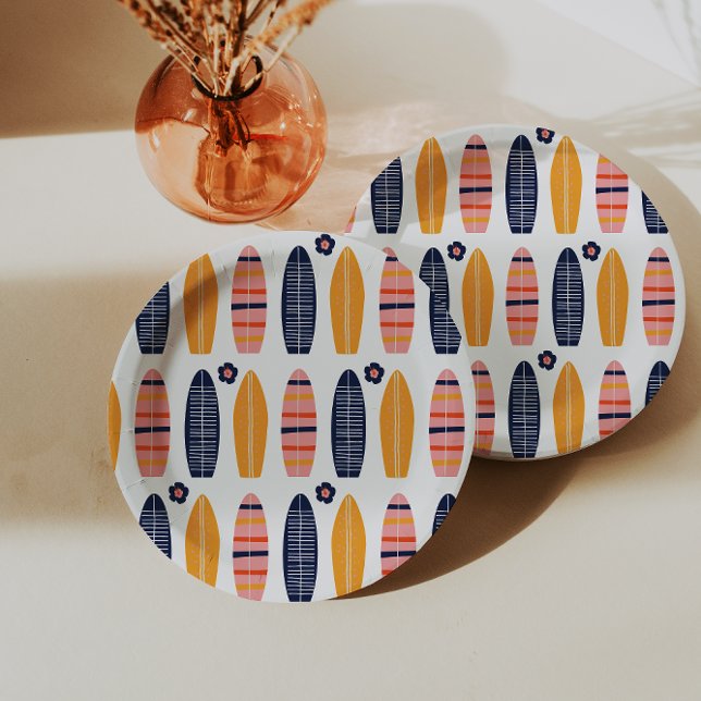 Surfs Up Pink surfboards and flowers birthday Paper Plates (Creator Uploaded)