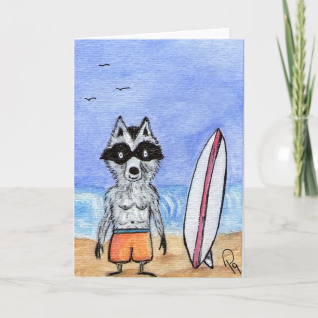 Surf's Up! Raccoon with Surf Board Note Card (Front)