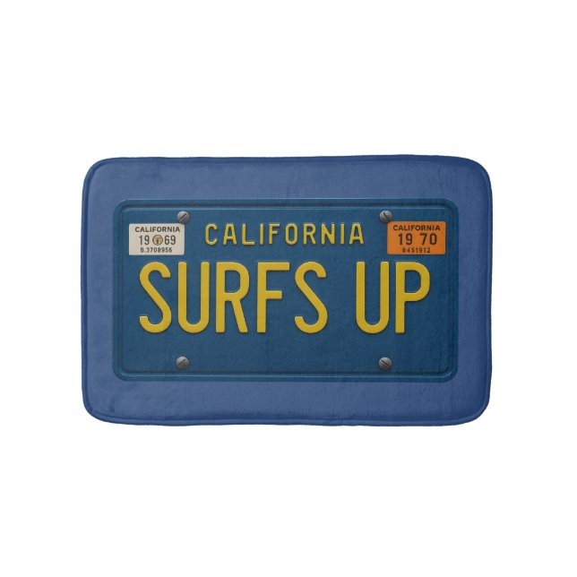 Surfs Up Retro 1969 California License Plate Surf Bath Mat (Front)