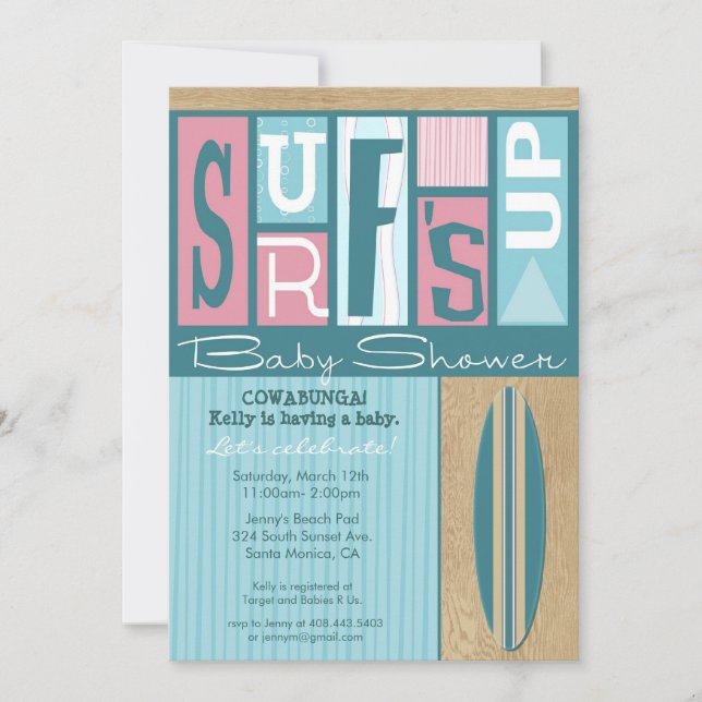 Surf's Up Retro Baby Shower Invitation - Pink (Front)