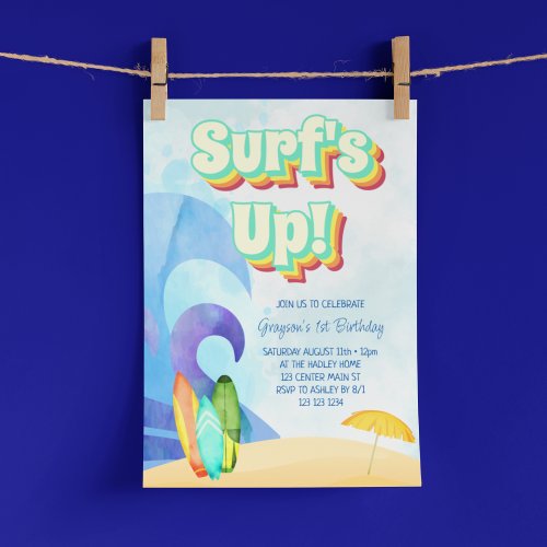 Surfs Up Retro Beach First Birthday Invitation