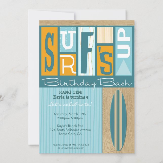 Surf's Up Retro Birthday Party Invite - Orange Gal (Front)