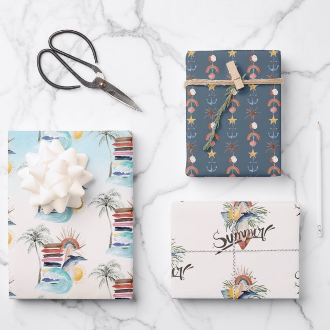 Surf's Up | Retro Summer Beach Wrapping Paper Sheets (Front)