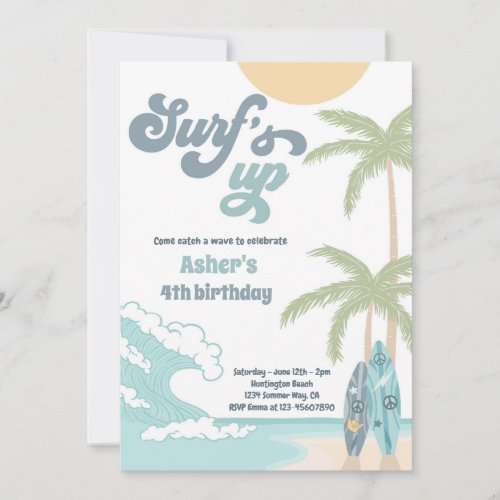Surfs Up Retro Surf Beach Birthday Party Invitation