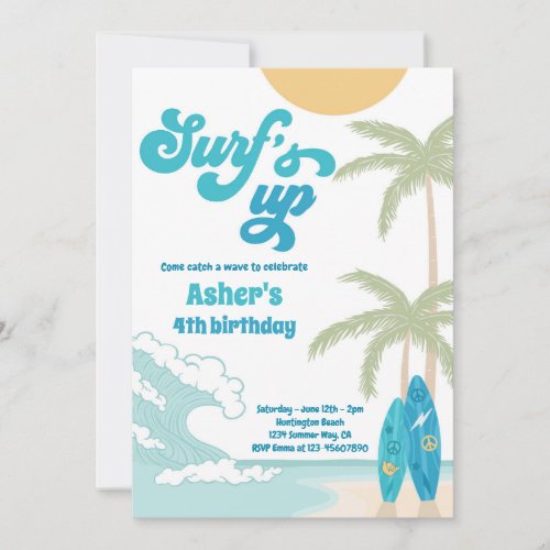 Surfs Up Retro Surfboard Beach Birthday Party Invitation