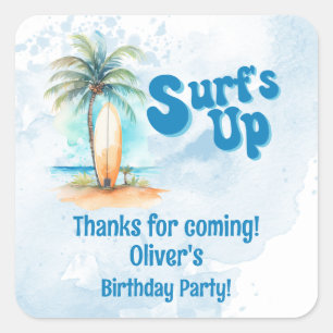 Surf's Up Summer Beach Birthday Party Favor Square Sticker